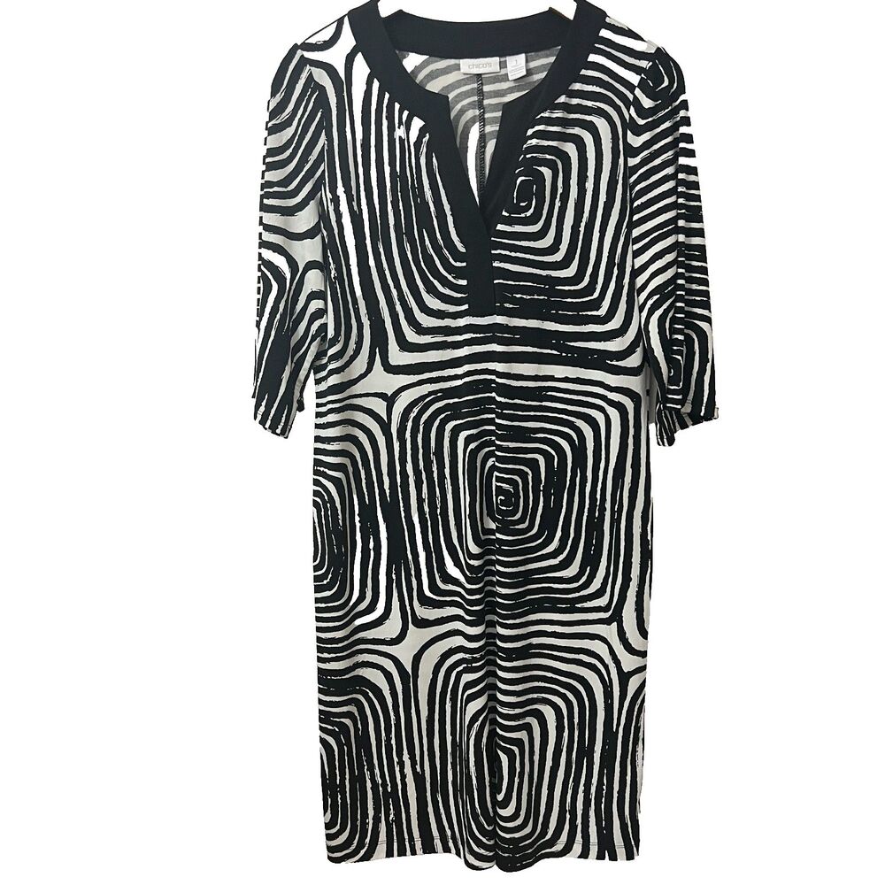 Chicos Shift Dress 1 M Black White Half Sleeve Stretch Geometric